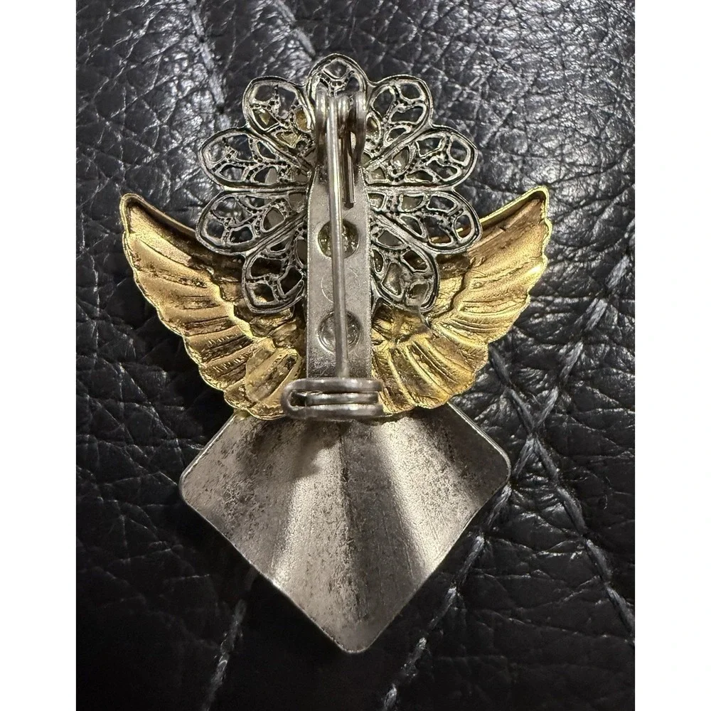 Vintage Brooch Pin Angel Gold Silver Tone with Cross Ten Thousand Angels